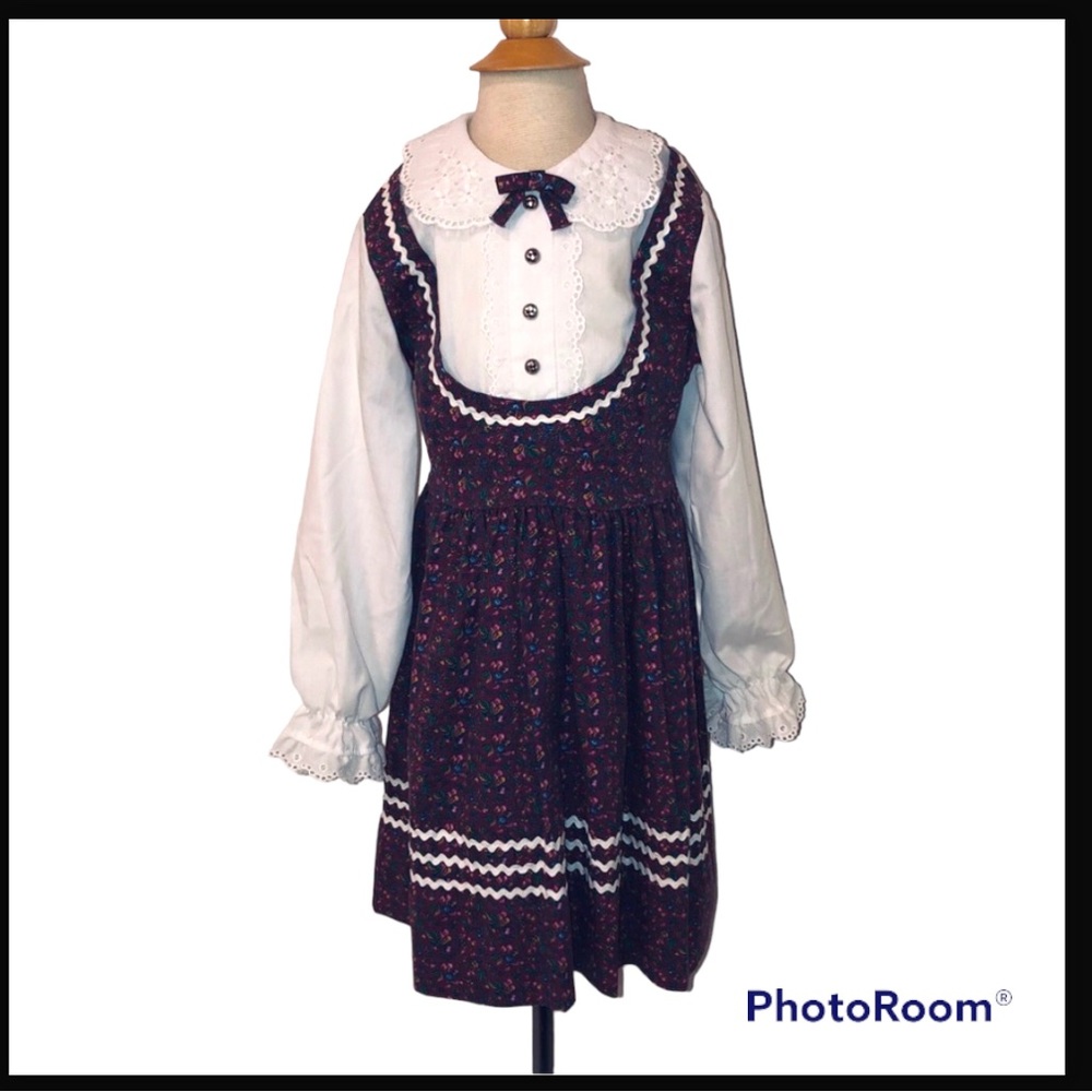 Genway Girls Calico Prairie Floral Print Midi Dress w/ lace eyelet accent Size 5